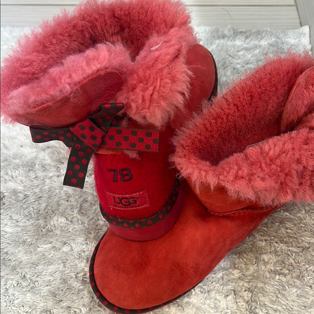 UGG Vibrant Red Shearling Boots with Polka Dot Bow